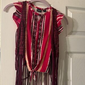 Cruel Girl Red and Pink Top with a burgundy fringe vest separate pieces